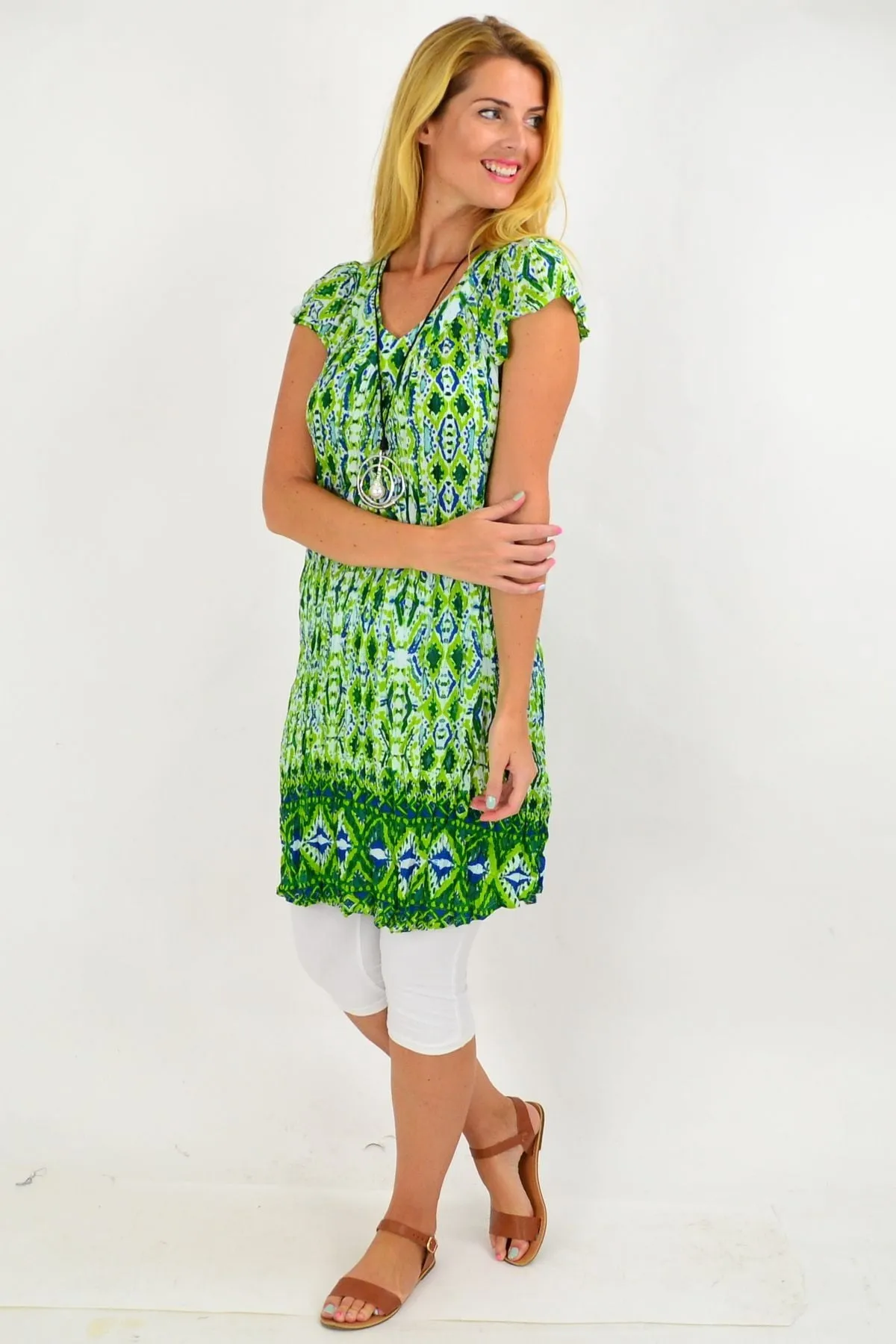 Green Pattern Short Sleeve Tunic Dress