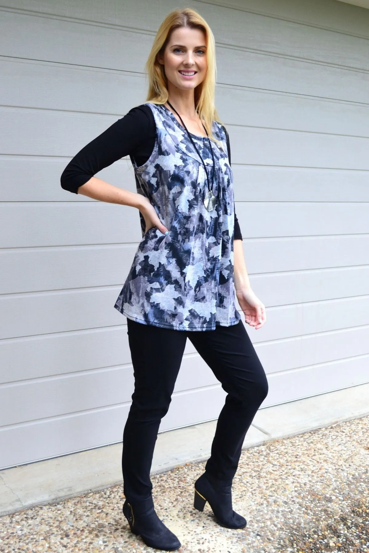 Grey Maple Leaf Sleeveless Fleece Tunic Top