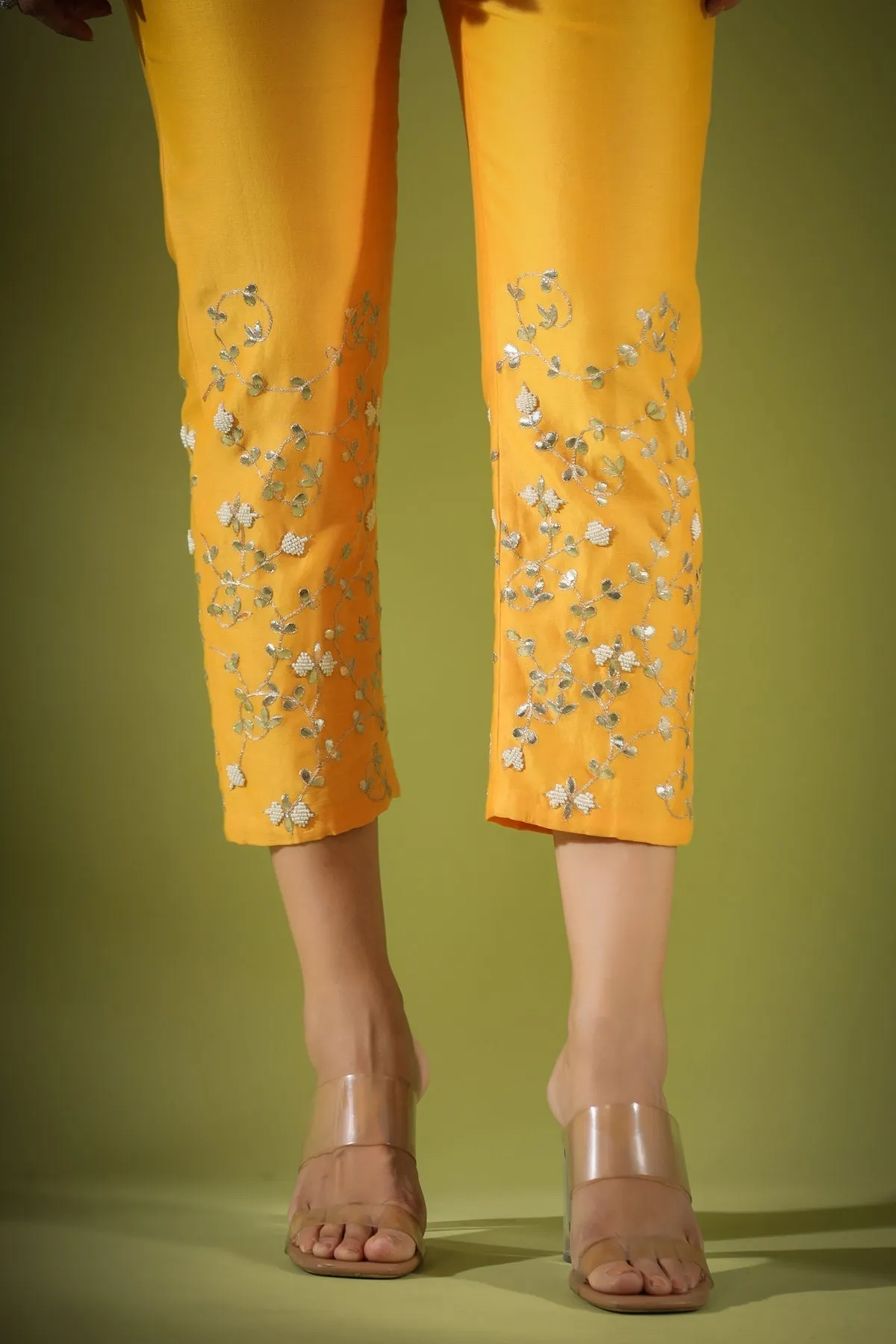 Haseena phool jaal gota patti tunic pants co-ord set in mnago yellow