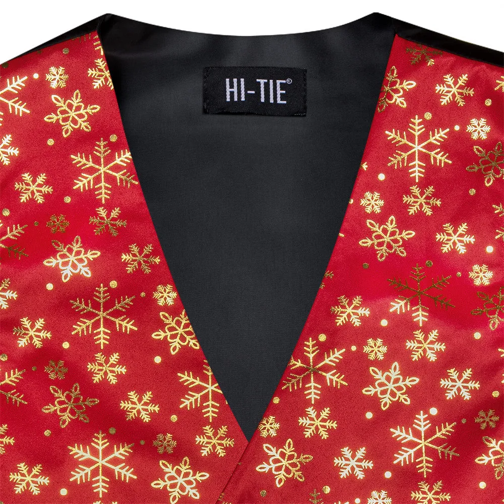 Hi-Tie Mens Waistcoat Red Gold Snow Christmas Vest Necktie Set