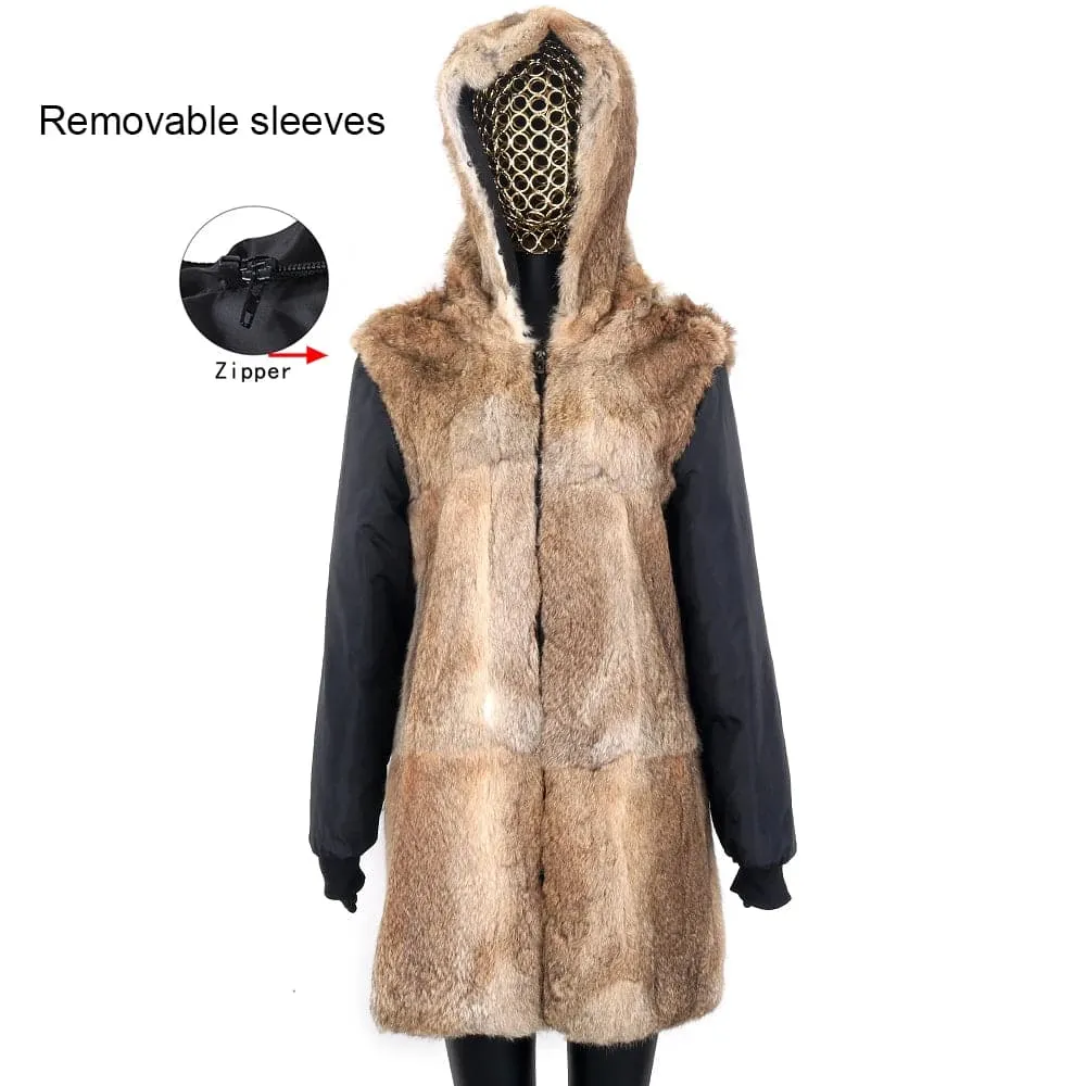 Hooded Rabbit Fur Waterproof Parkas with Real Raccoon & Fox Fur Placket