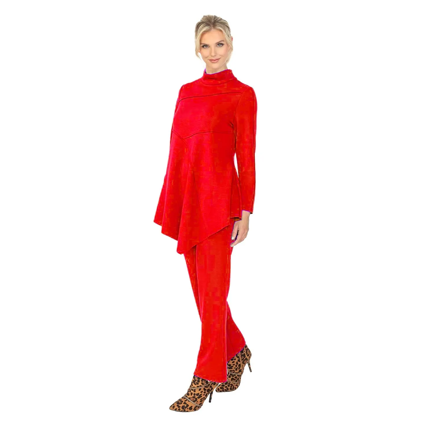 IC Collection Solid High Collar Asymmetric Tunic in Red - 4759T-RD