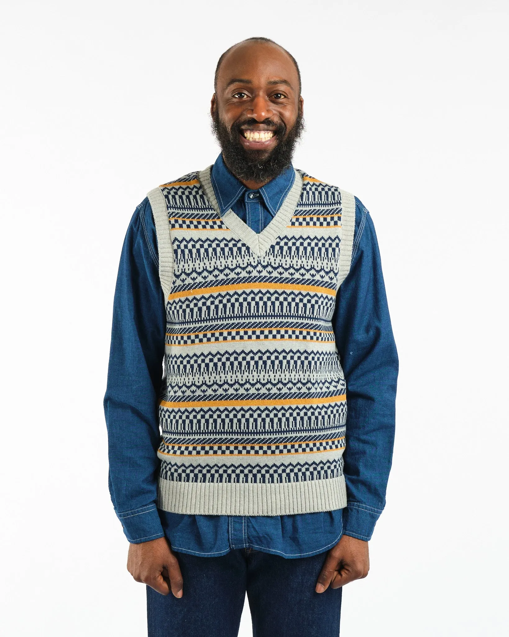 Indigo Knit Vest Fair isle Pattern Grey