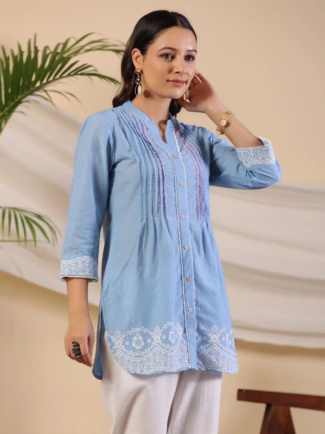 Jashvi Powder Blue Ethnic Motif Printed Pure Cotton Tunic With Lace Work