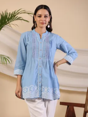 Jashvi Powder Blue Ethnic Motif Printed Pure Cotton Tunic With Lace Work