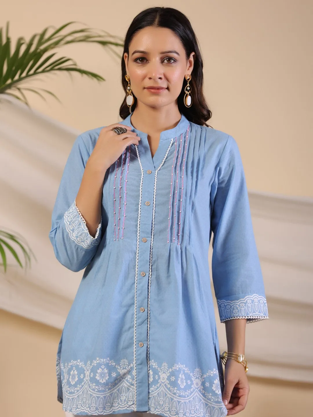 Jashvi Powder Blue Ethnic Motif Printed Pure Cotton Tunic With Lace Work