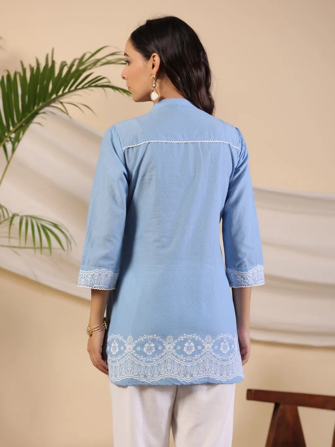 Jashvi Powder Blue Ethnic Motif Printed Pure Cotton Tunic With Lace Work