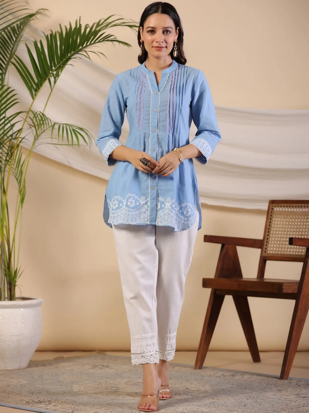 Jashvi Powder Blue Ethnic Motif Printed Pure Cotton Tunic With Lace Work