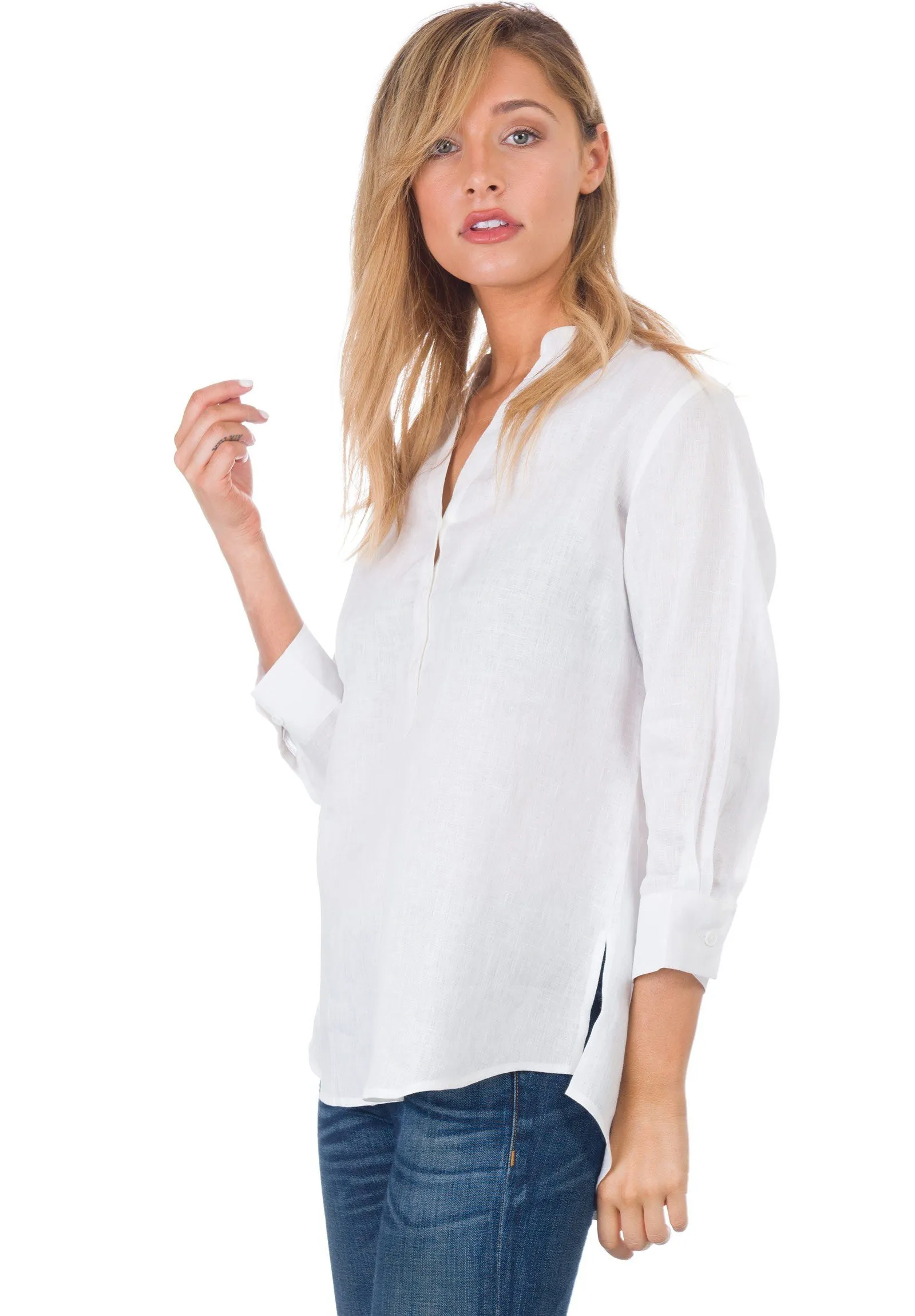 Kim, White Pop-Over Linen Tunic Shirt