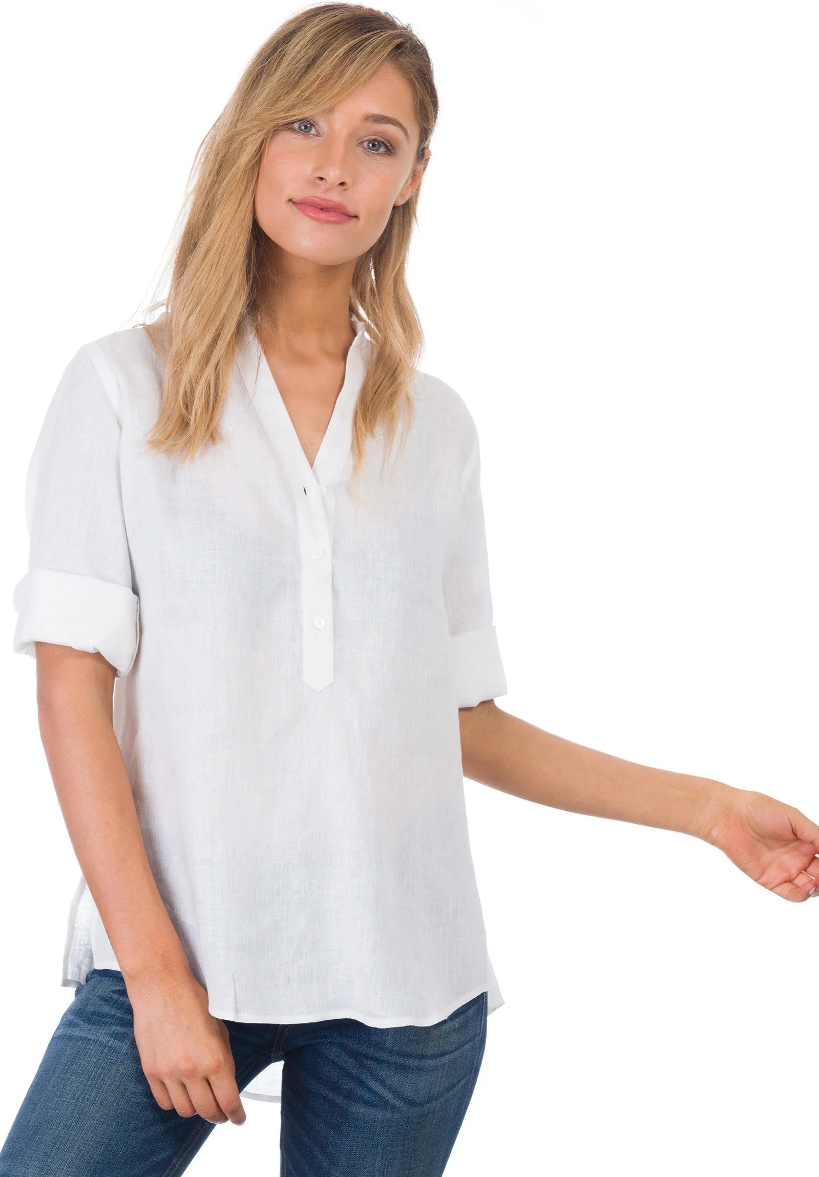 Kim, White Pop-Over Linen Tunic Shirt