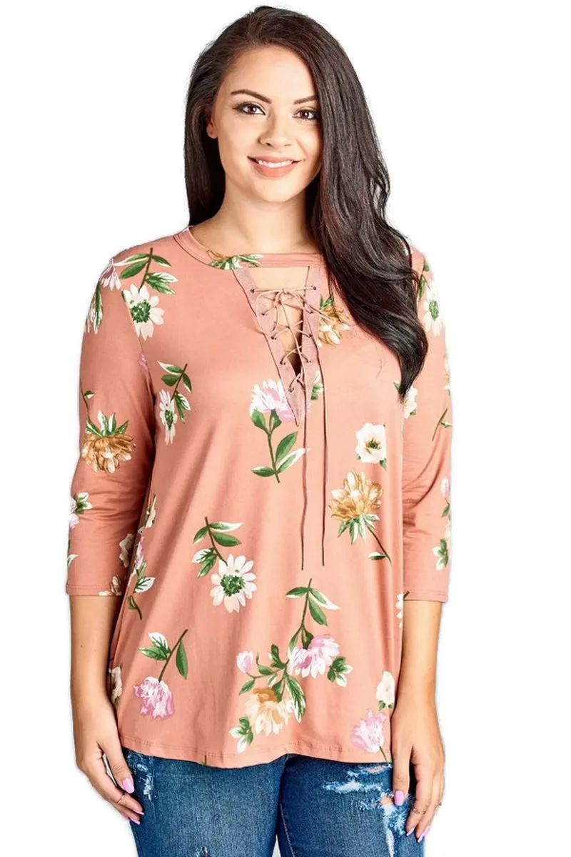 Lace Up Floral Brushed Knit Top, Mauve