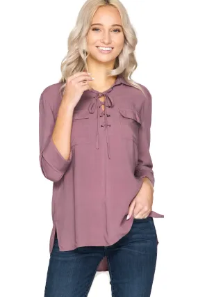 Lace Up Shirt With Pockets, Dusty Mauve