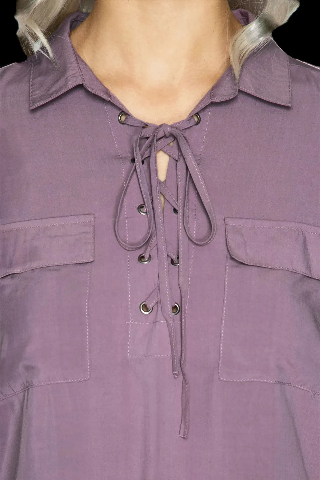 Lace Up Shirt With Pockets, Dusty Mauve