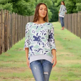 Layered Floral Top With 3/4 Sleeve - Green