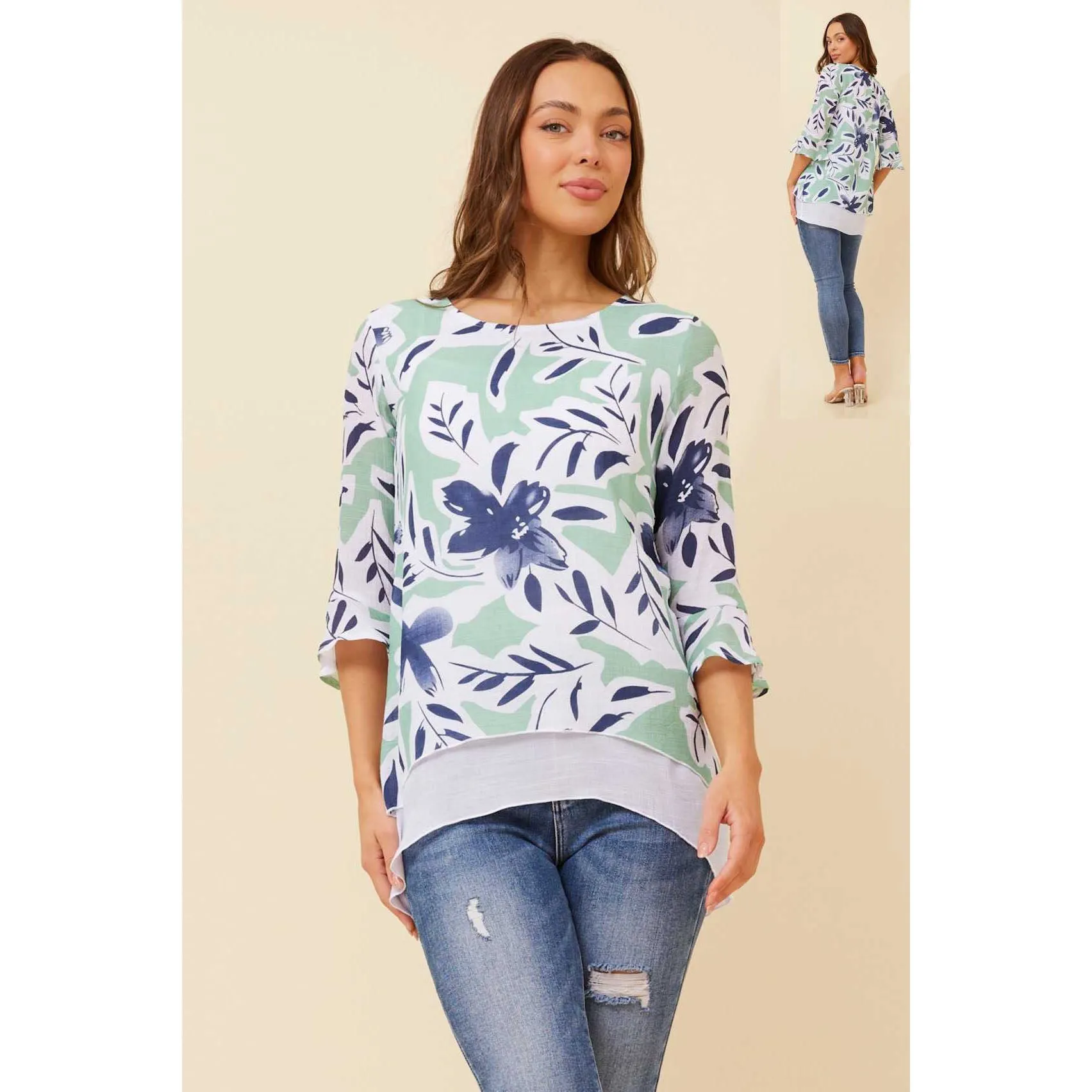 Layered Floral Top With 3/4 Sleeve - Green