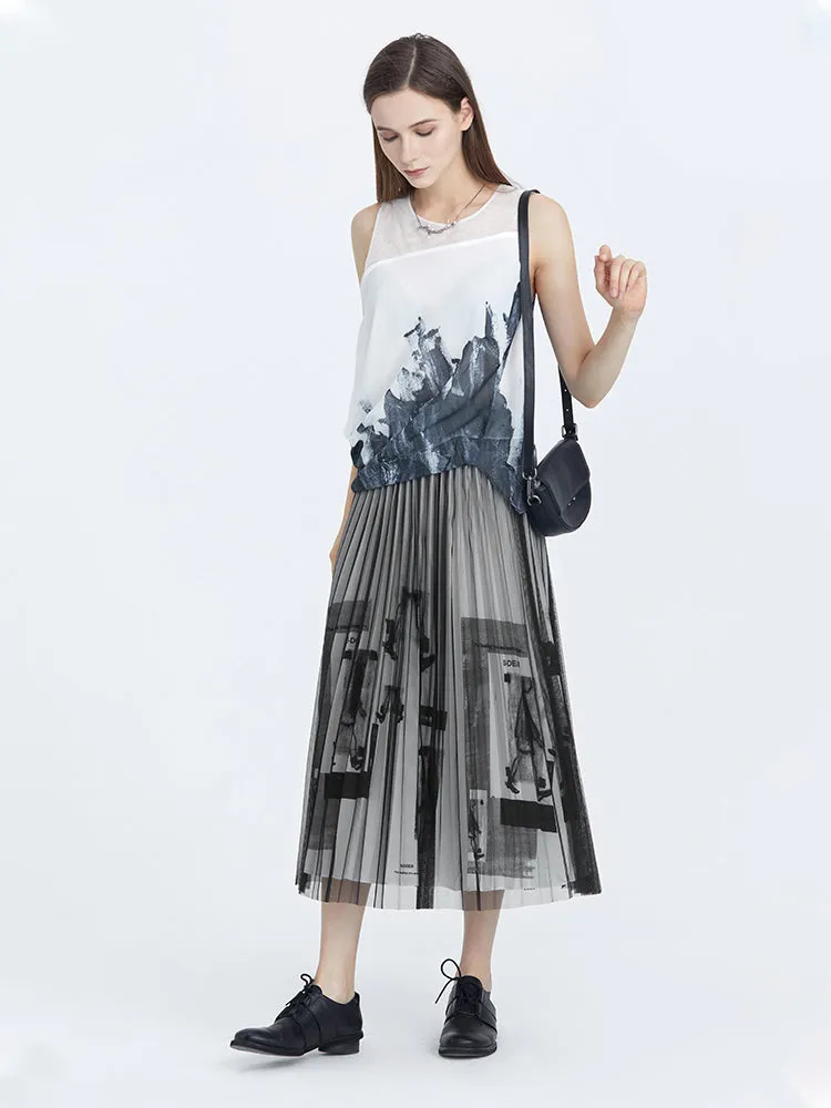 Letter-Print Mesh Pleated Midi Skirt