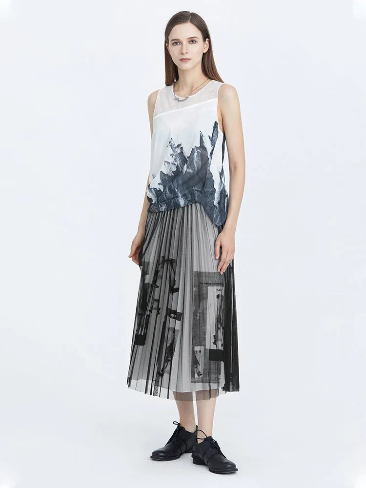 Letter-Print Mesh Pleated Midi Skirt