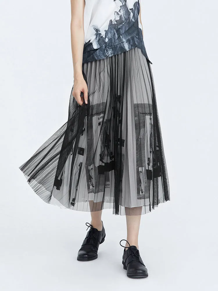 Letter-Print Mesh Pleated Midi Skirt