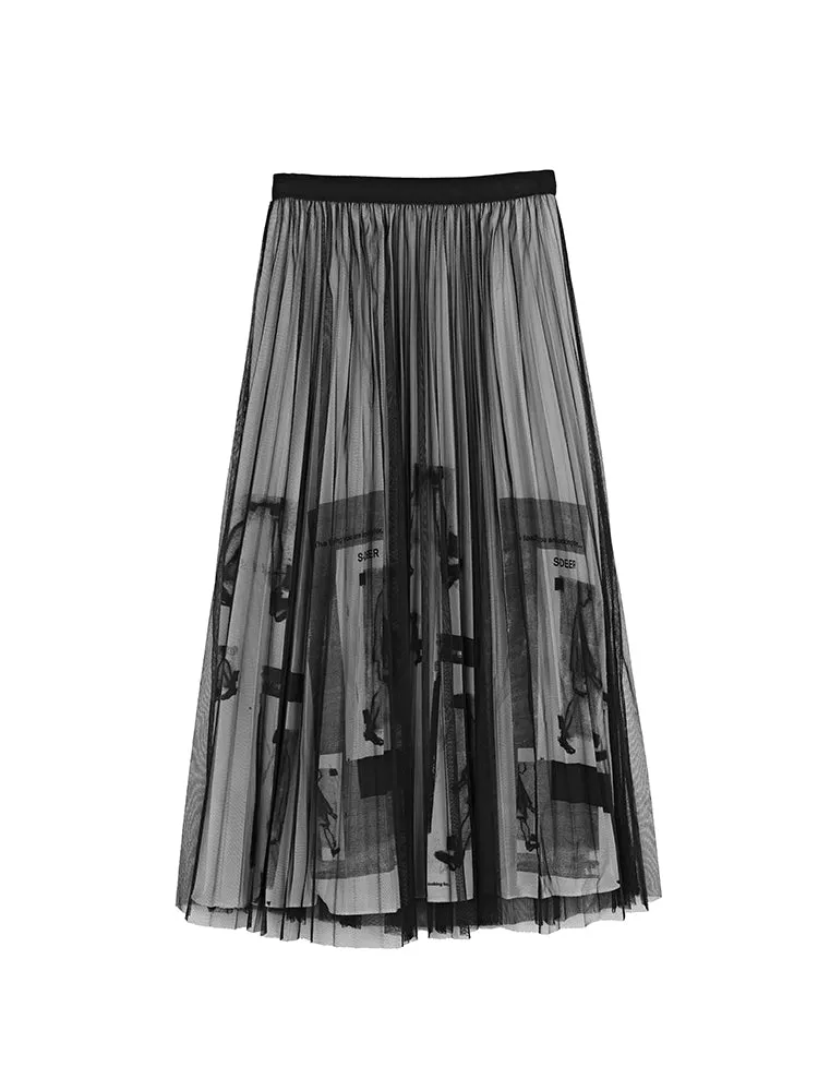 Letter-Print Mesh Pleated Midi Skirt