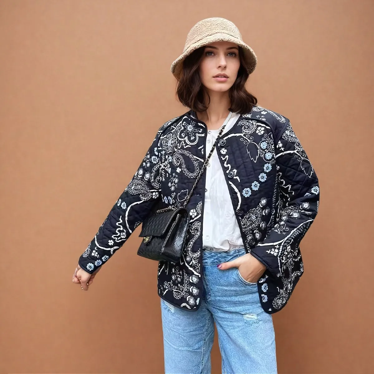 Élisa | Ethnic Floral Print Quilted Jacket