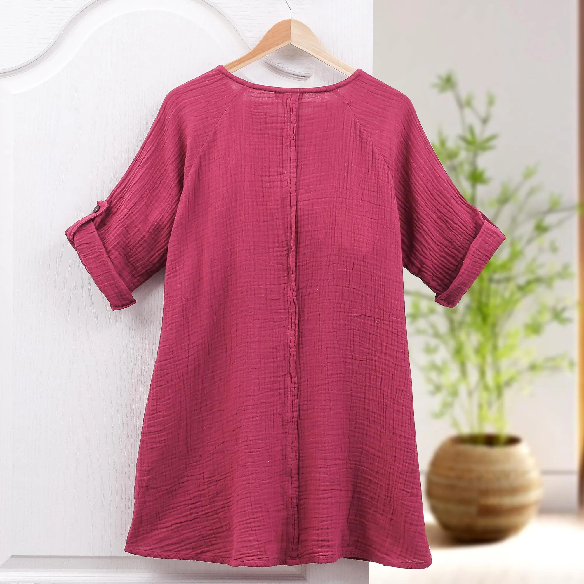 Long Cotton Gauze Tunic from Thailand - Fresh Breeze in Raspberry | NOVICA