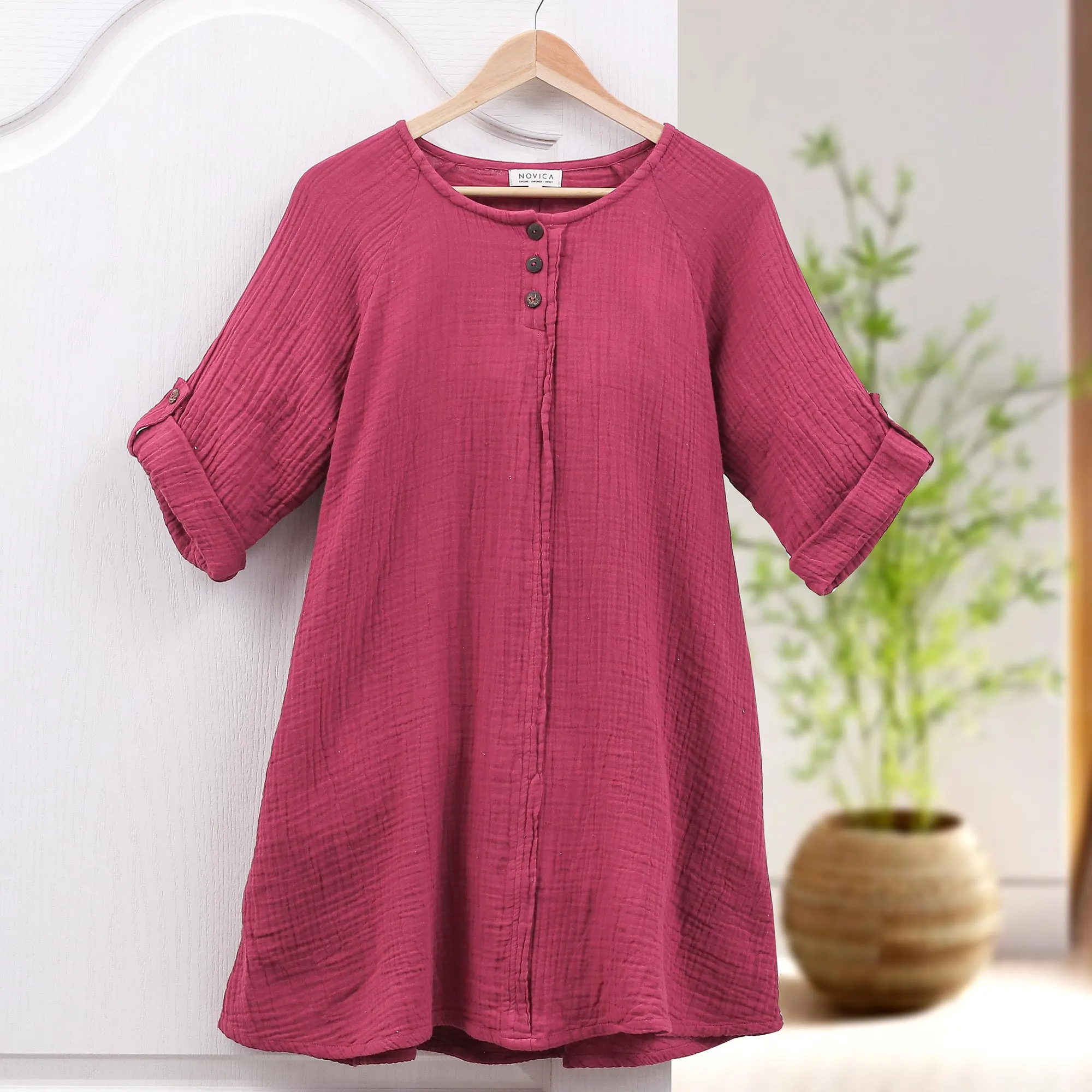 Long Cotton Gauze Tunic from Thailand - Fresh Breeze in Raspberry | NOVICA