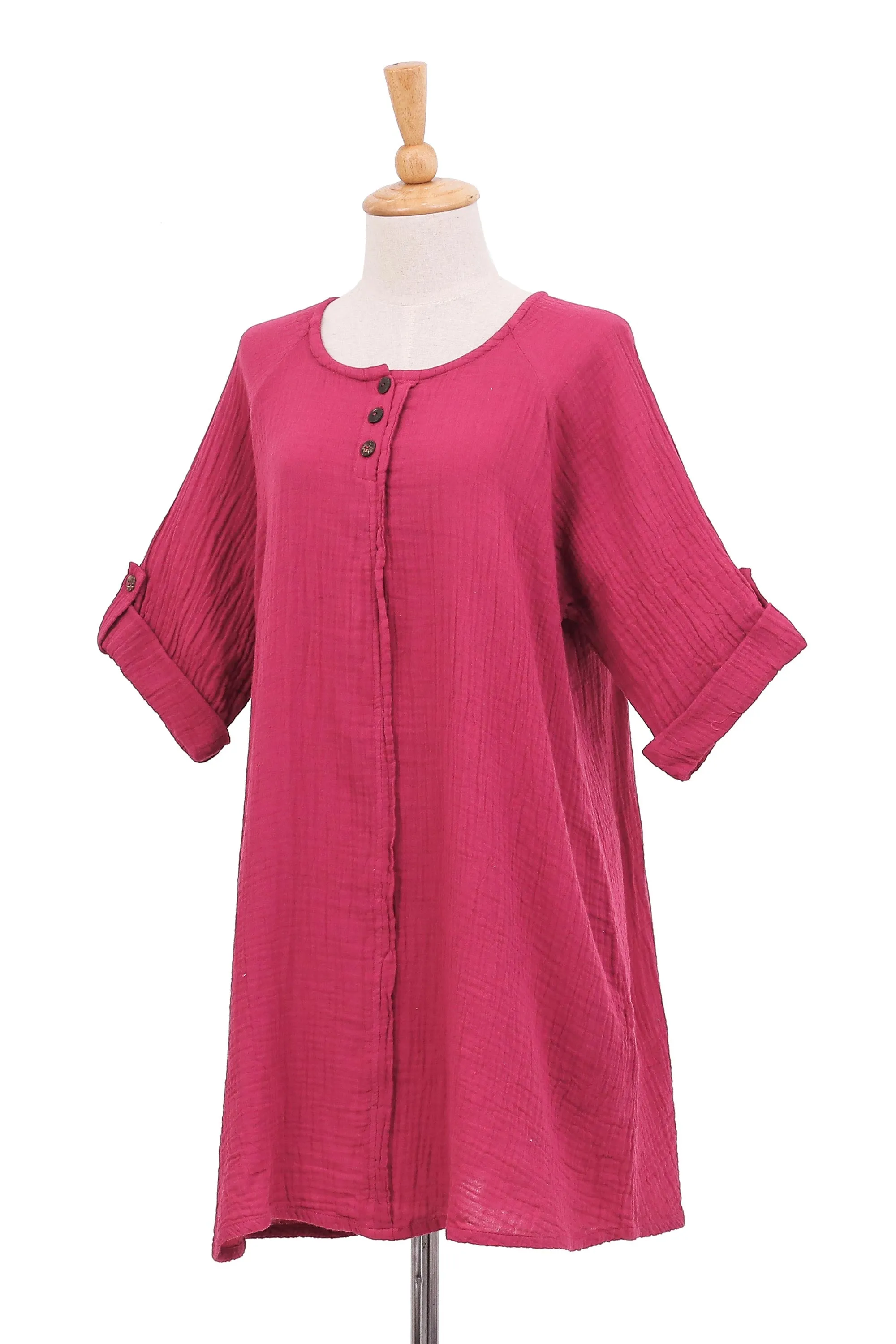 Long Cotton Gauze Tunic from Thailand - Fresh Breeze in Raspberry | NOVICA