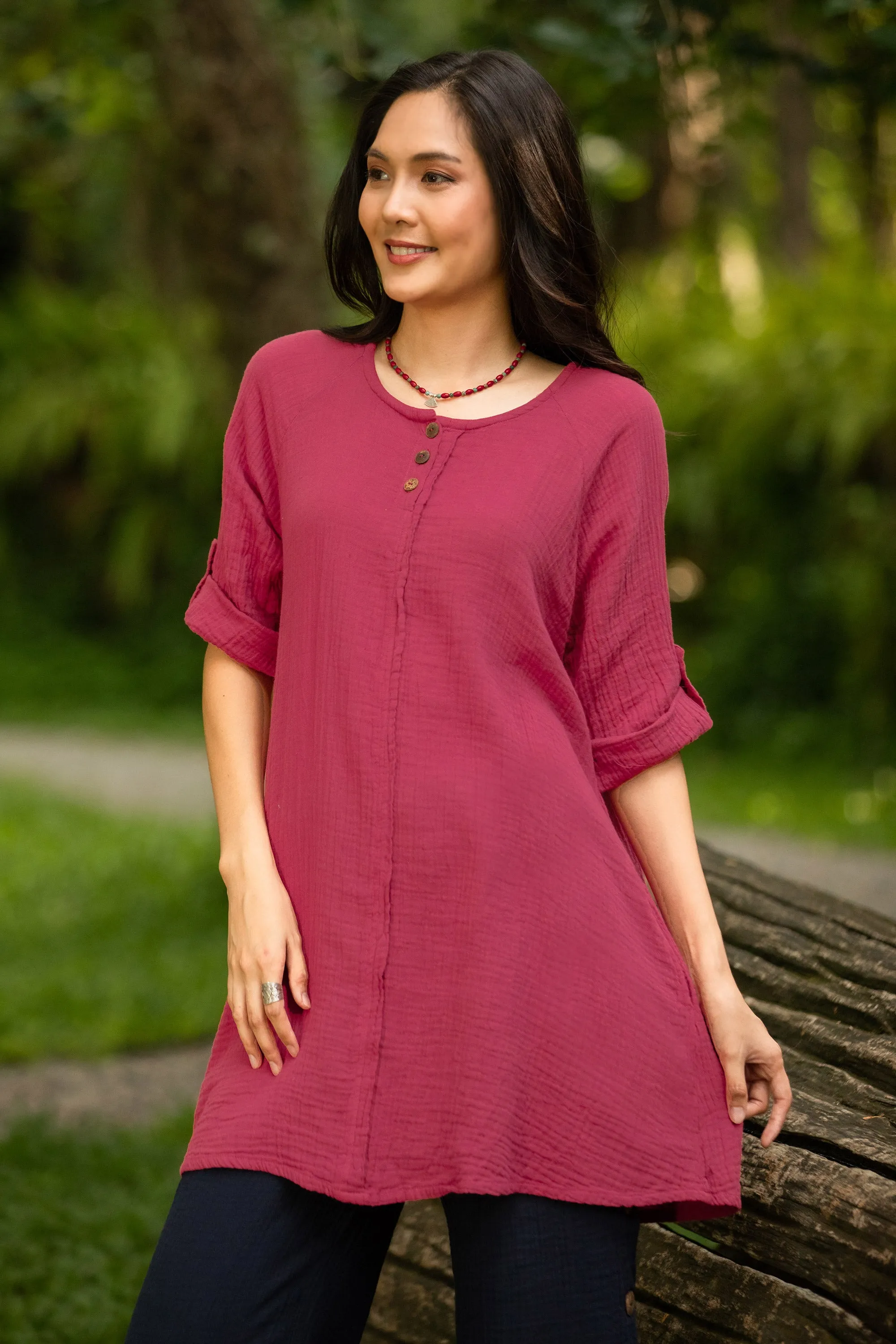 Long Cotton Gauze Tunic from Thailand - Fresh Breeze in Raspberry | NOVICA