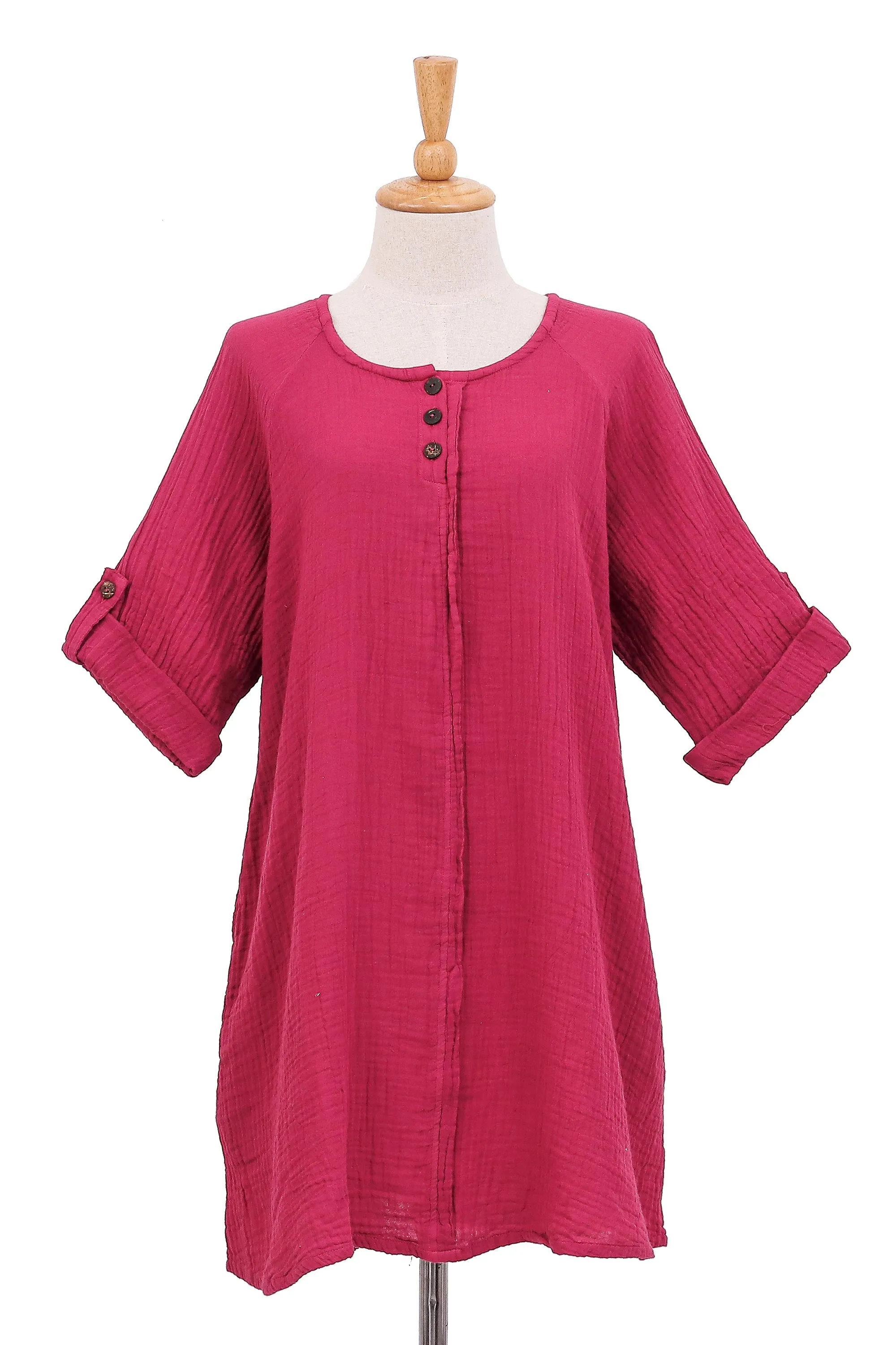 Long Cotton Gauze Tunic from Thailand - Fresh Breeze in Raspberry | NOVICA