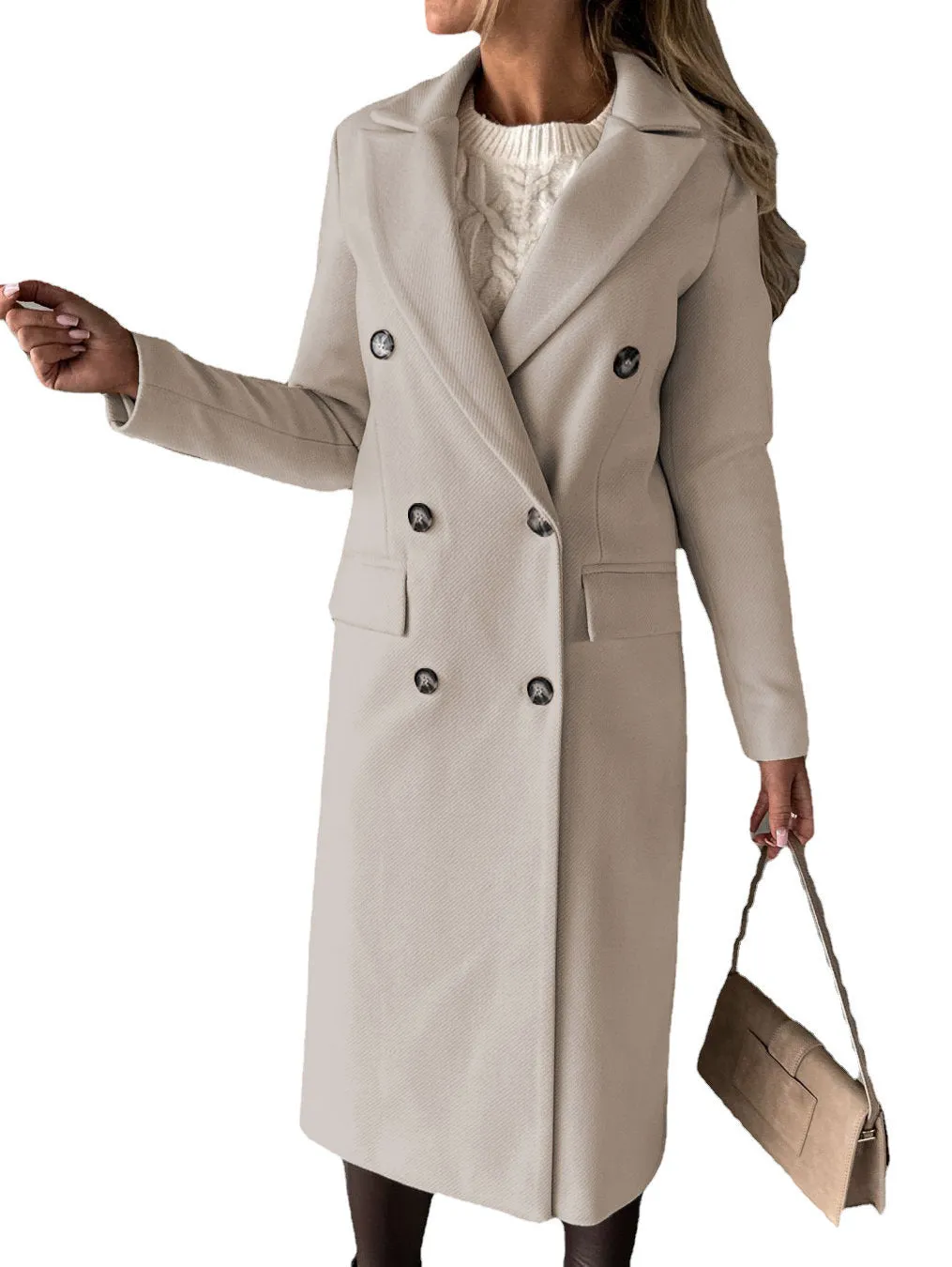 Long Sleeve Lapel Coat Winter Solid Double Breasted Slim Long Jacket Womens Clothing