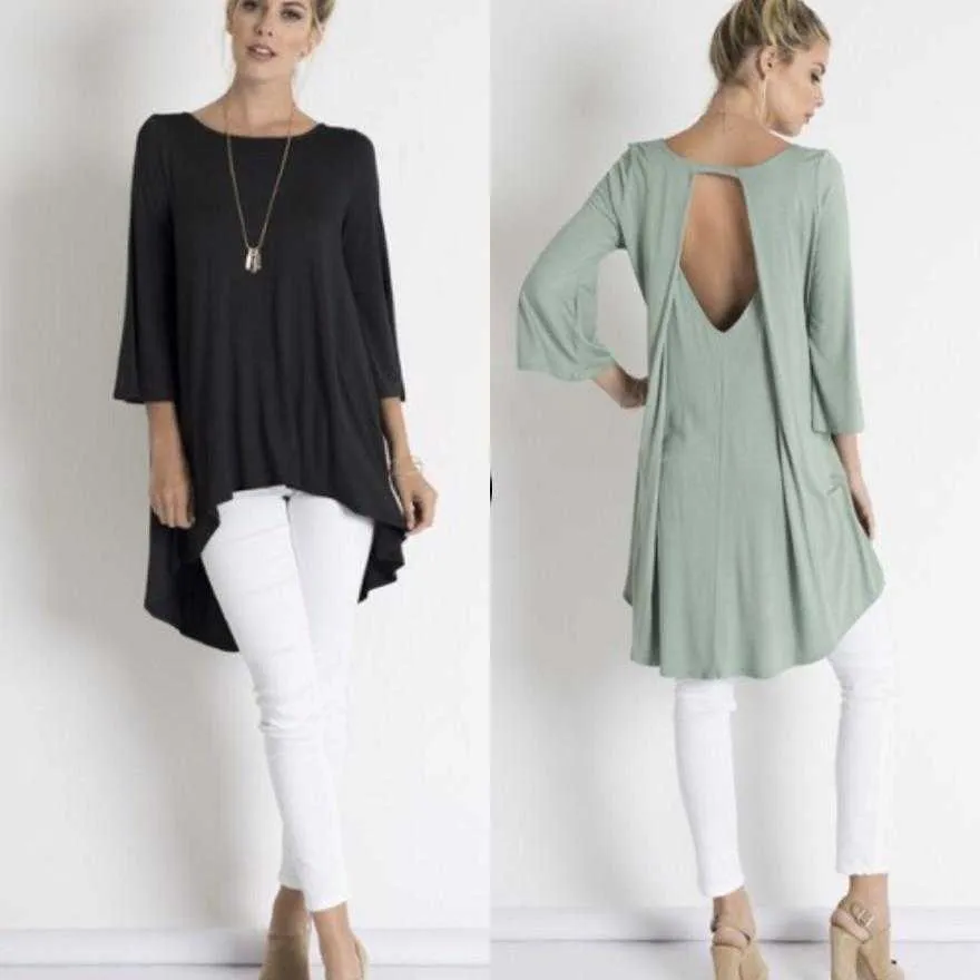 Look Back at Me Black Fit to Flare with V-Cut Out Back  3/4  Bell Sleeve