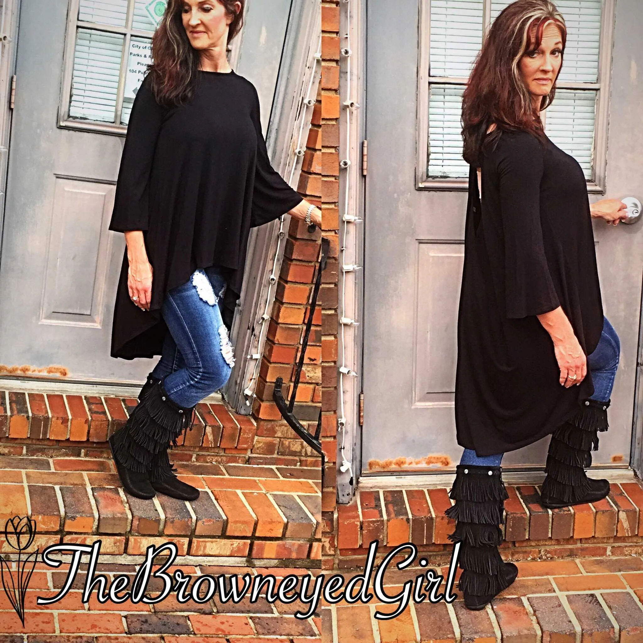 Look Back at Me Black Fit to Flare with V-Cut Out Back  3/4  Bell Sleeve