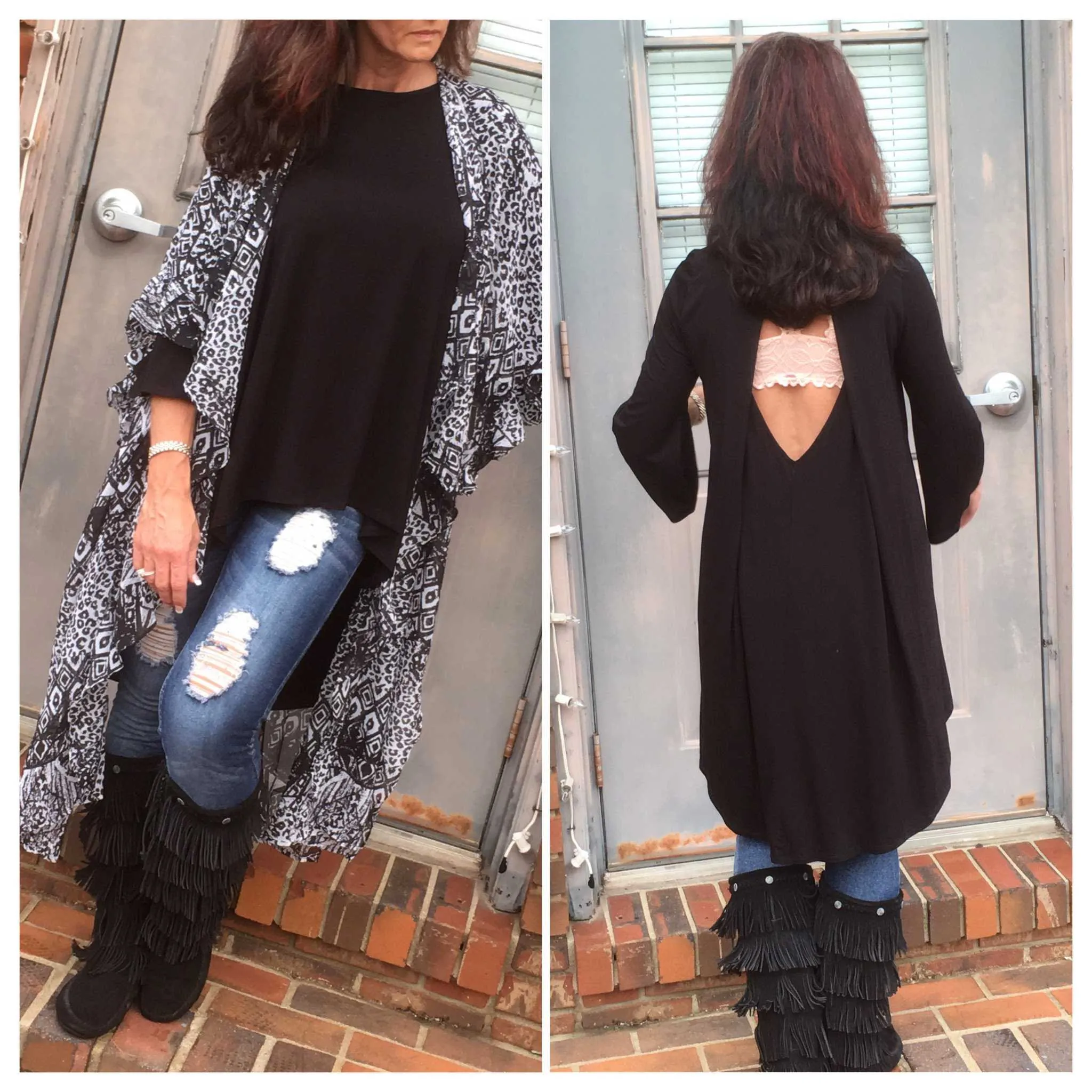 Look Back at Me Black Fit to Flare with V-Cut Out Back  3/4  Bell Sleeve