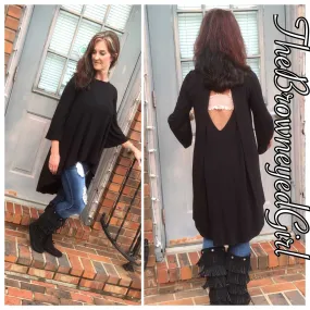 Look Back at Me Black Fit to Flare with V-Cut Out Back  3/4  Bell Sleeve