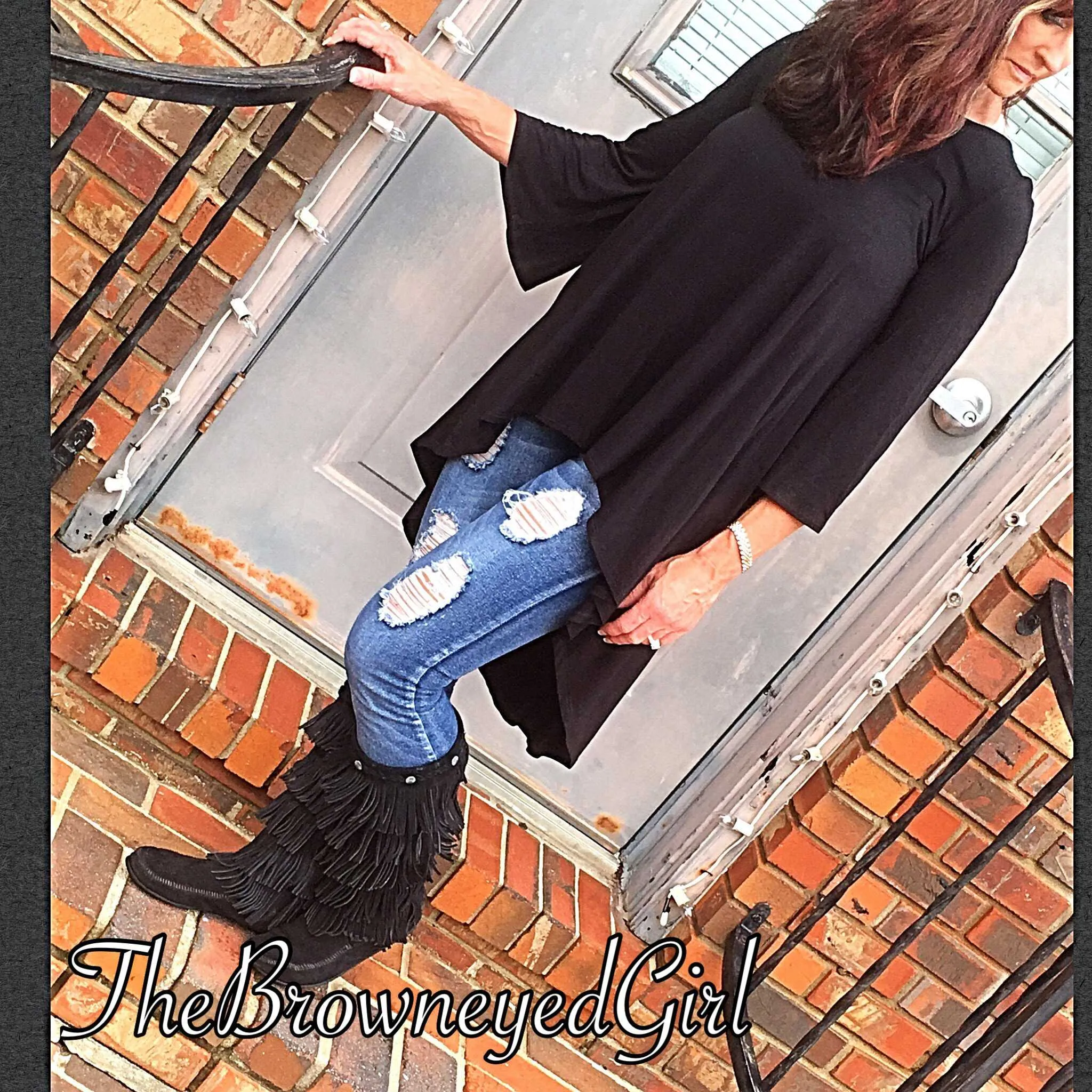 Look Back at Me Black Fit to Flare with V-Cut Out Back  3/4  Bell Sleeve