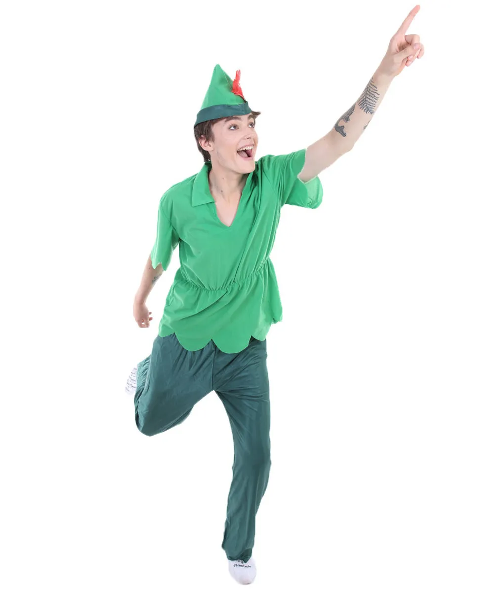 Lost Boy King | Green Felt Tunic, Pants, and Hat with Feather | Premiium Halloween Costume