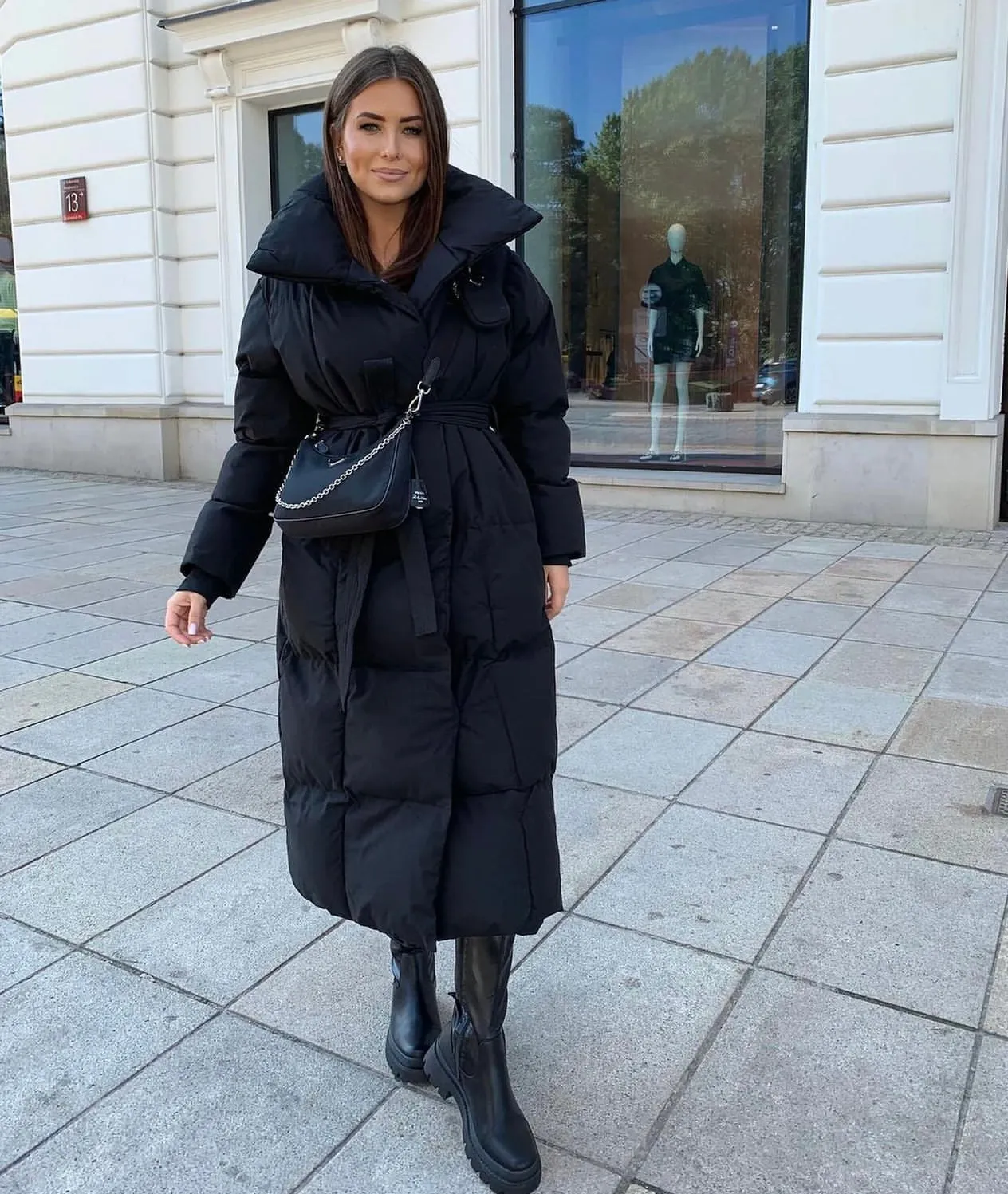 Lucinda Black Longline Belted Puffer Coat