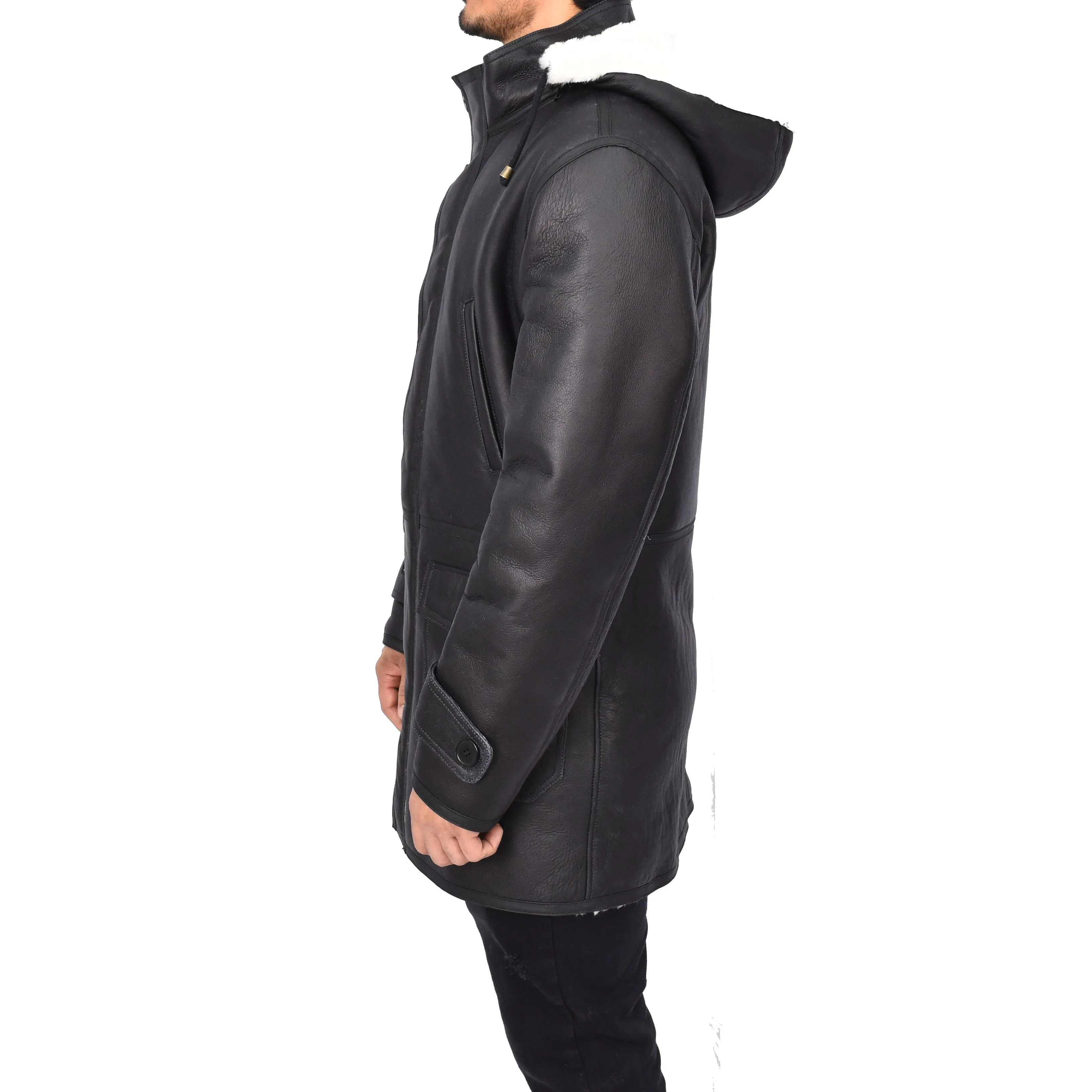 Men's 3/4 Length Real Sheepskin Duffle Coat Black Arn