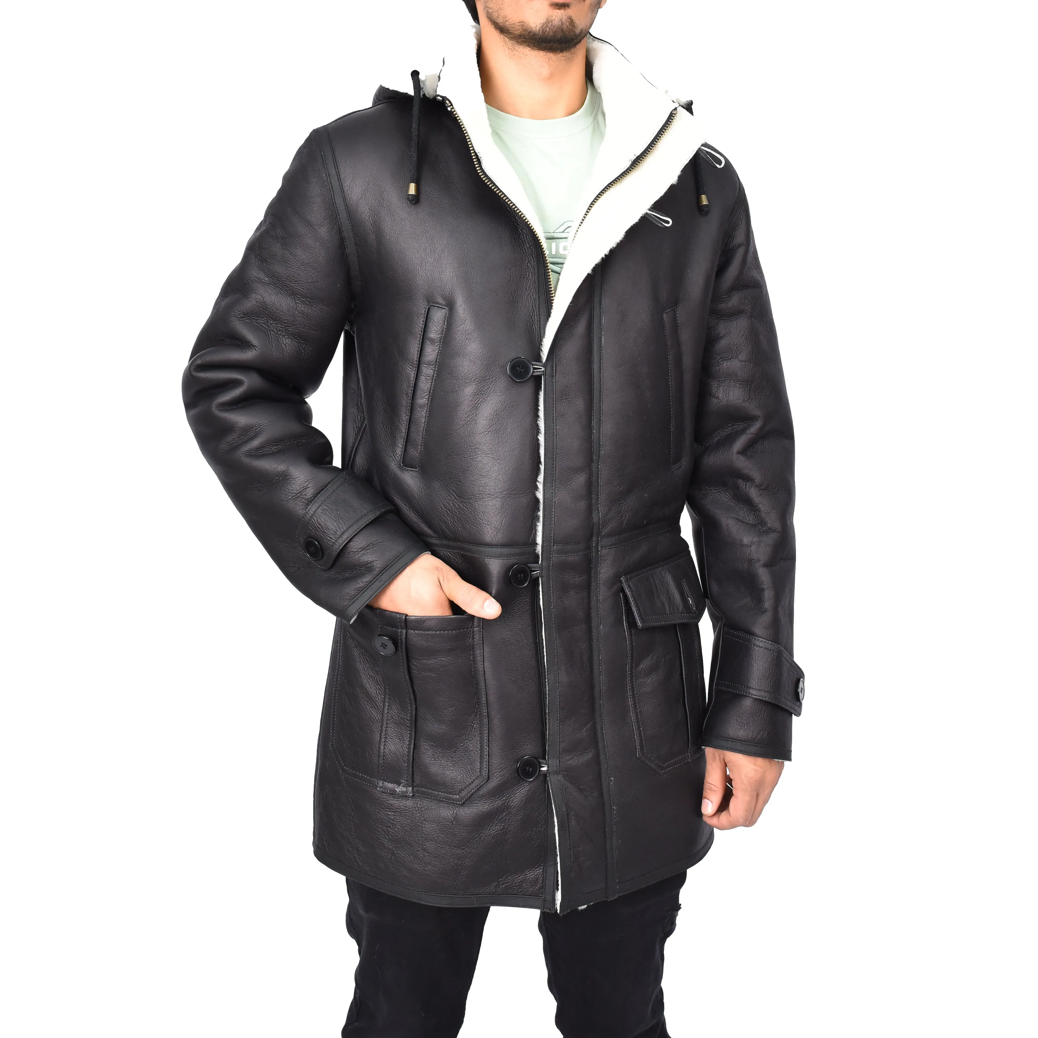 Men's 3/4 Length Real Sheepskin Duffle Coat Black Arn