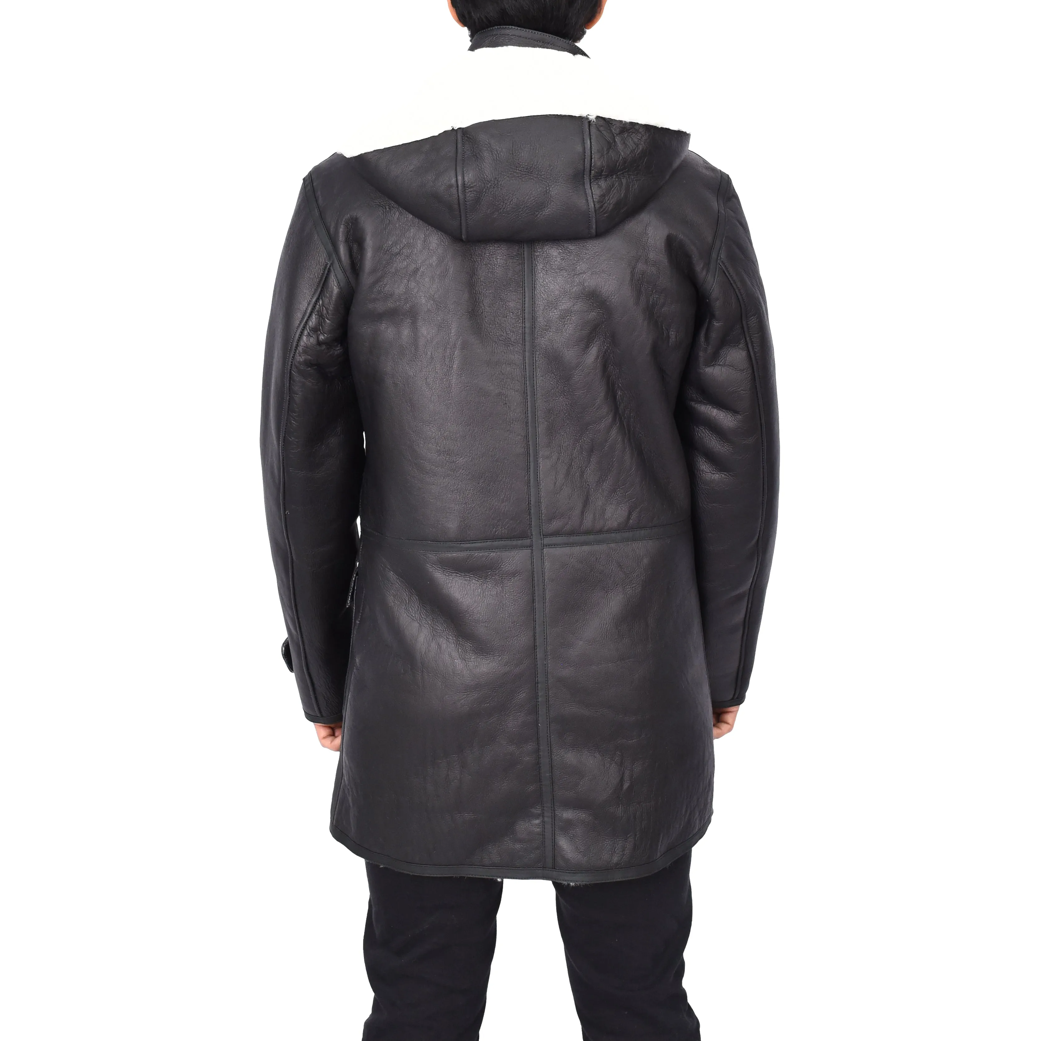 Men's 3/4 Length Real Sheepskin Duffle Coat Black Arn