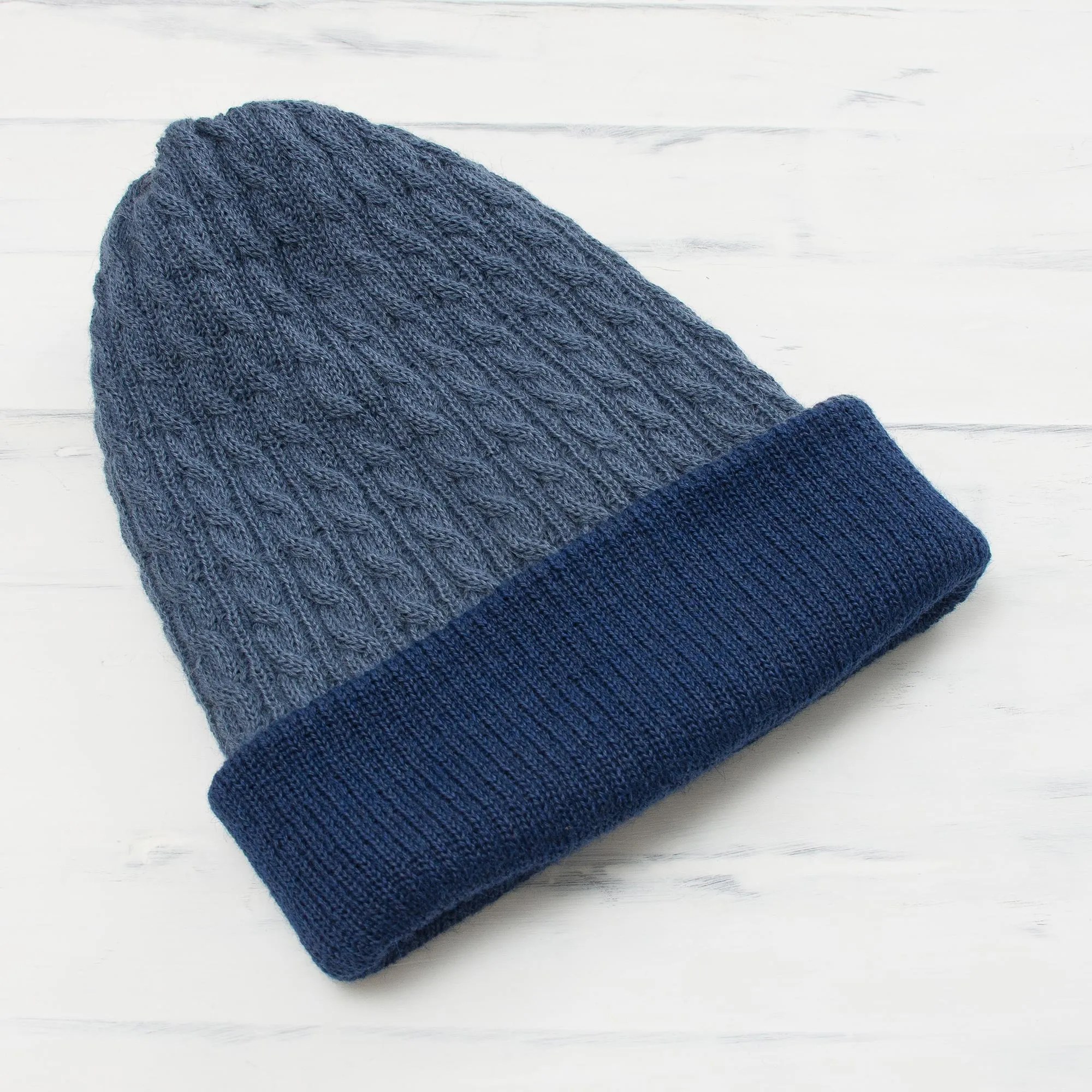 Men's Alpaca Blend Knit Hat in Azure from Peru - The Bells of Huancayo in Azure | NOVICA