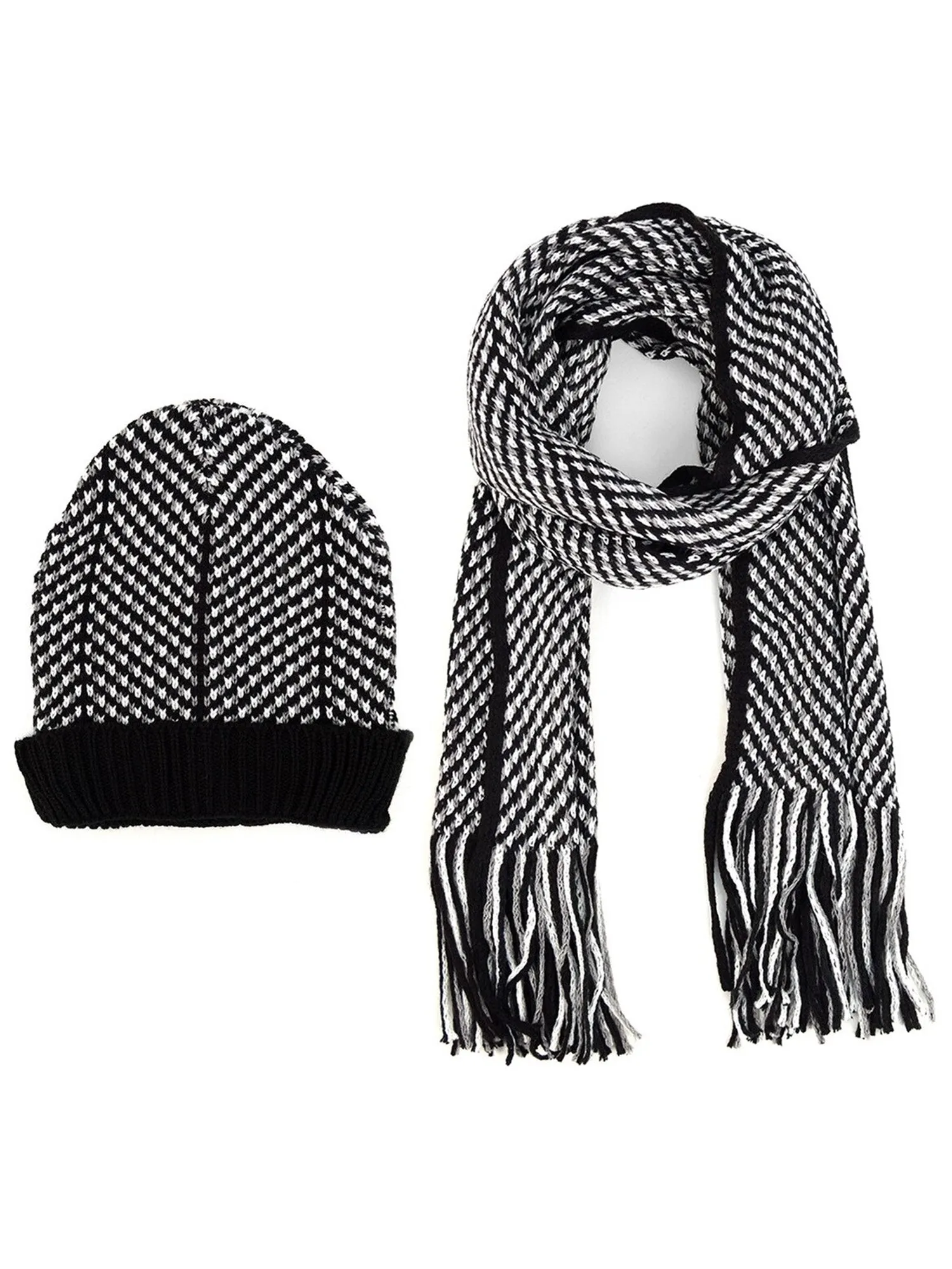 Men's Black, Grey & White Acrylic Knit Scarf and Hat Set