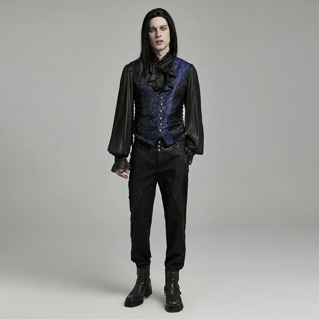 Men's Gothic Floral Jacquard Lace-up Black Blue Vest