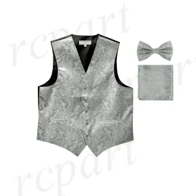 Men's paisley Tuxedo VEST Waistcoat_bowtie & hankie set formal wedding silver