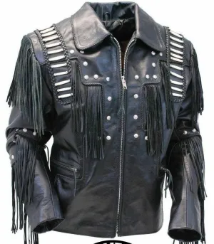 Men's Traditional Western cowboy Leather Jacket coat With Fringes Bone and Beads / Bones & Braids Fringes Leather Jacket