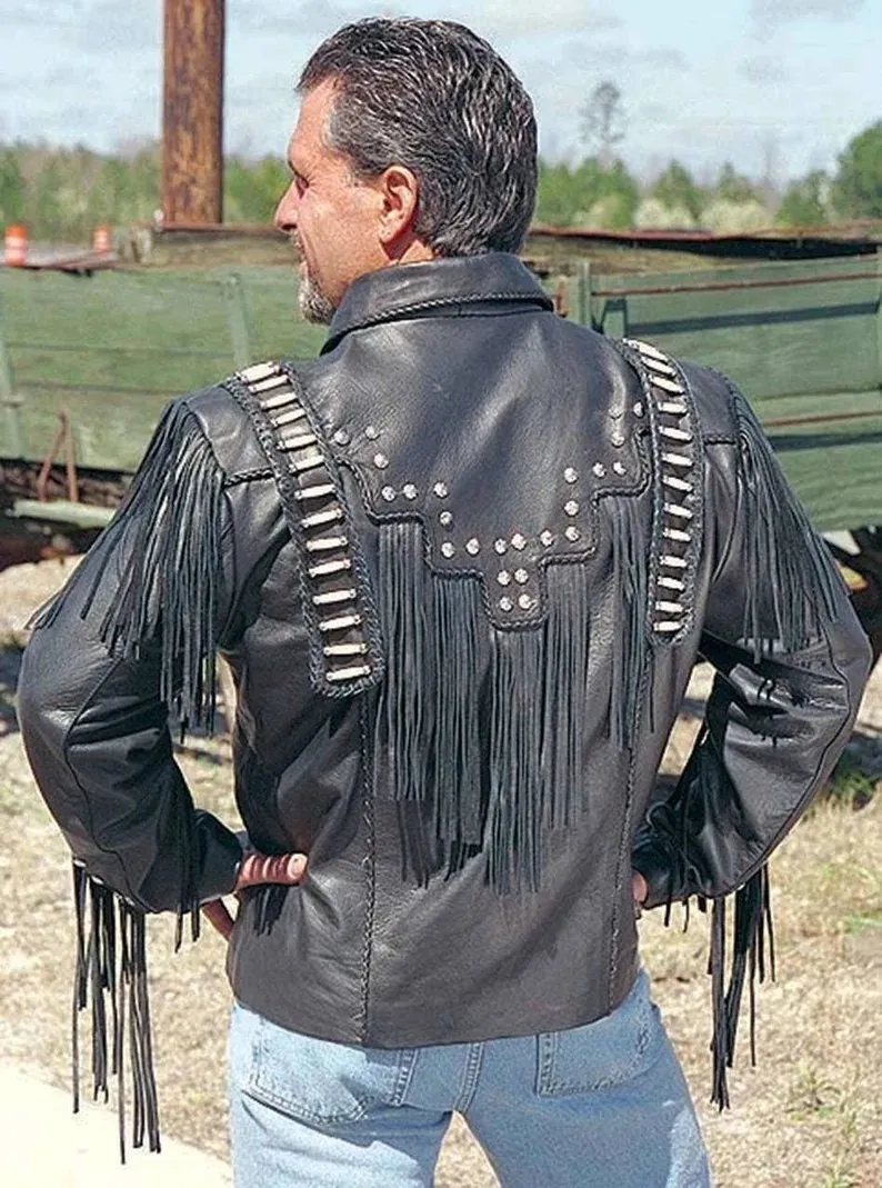 Men's Traditional Western cowboy Leather Jacket coat With Fringes Bone and Beads / Bones & Braids Fringes Leather Jacket