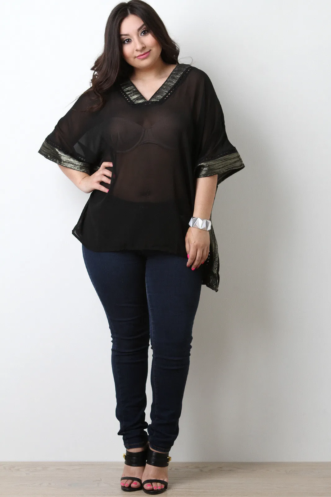 Metallic Trim Chiffon tunic Top