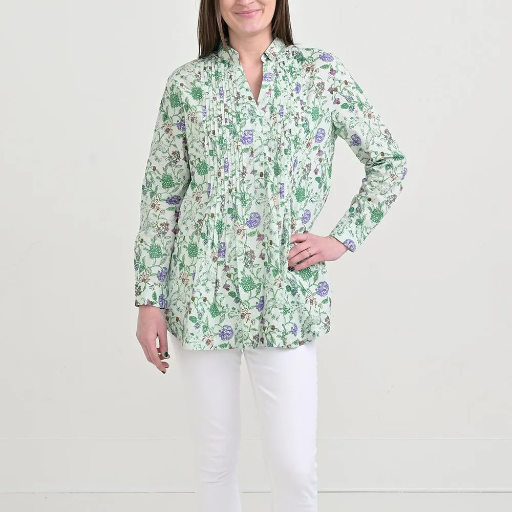 Mila Floral Emerald Pintuck Collared Tunic