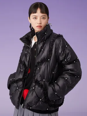 MUKZIN Cropprd Padded Ruffle High-Necked Black Down Jacket