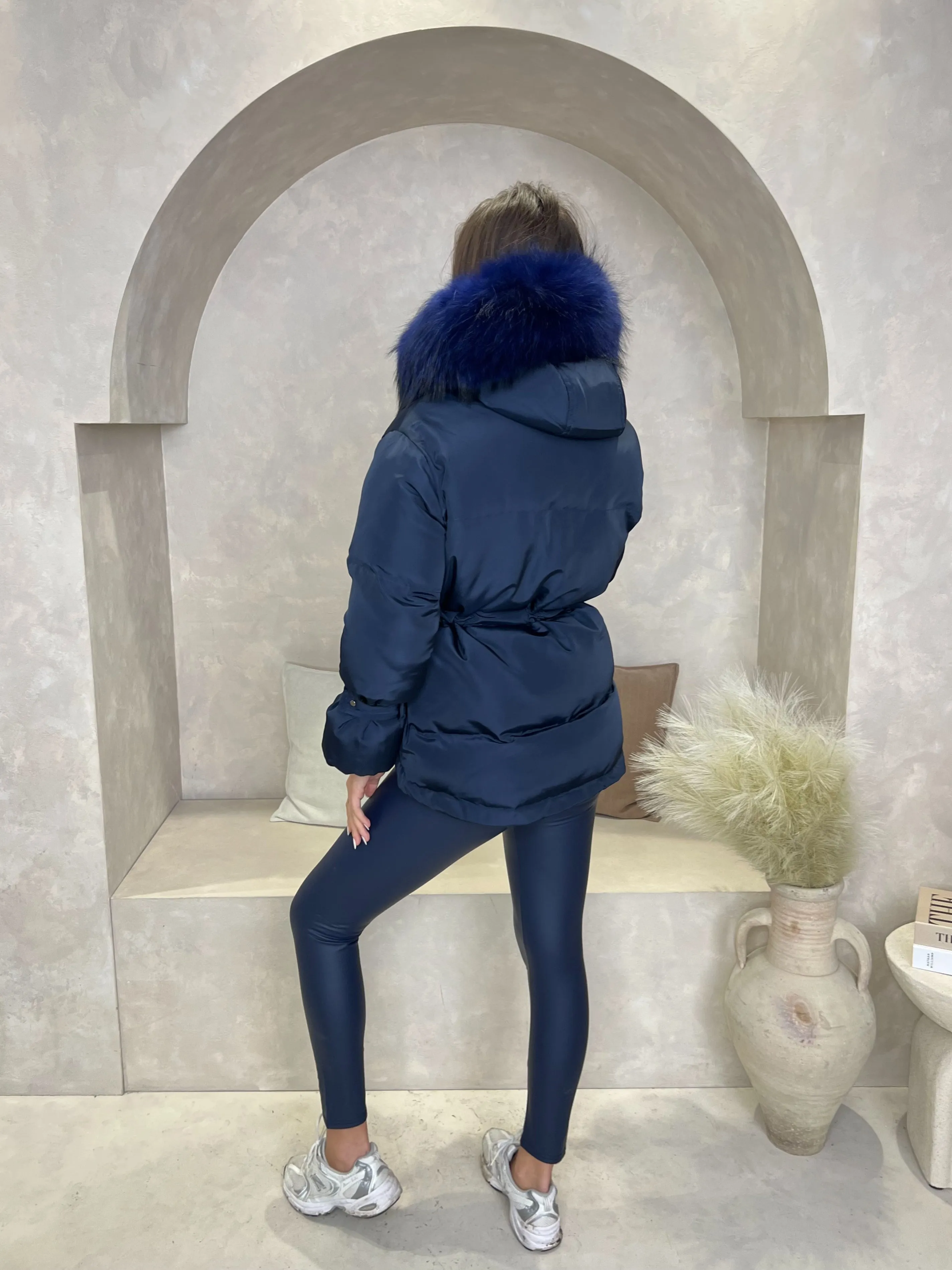 Navy/Navy Drawstring Luxury Fur Padded Belted Coat